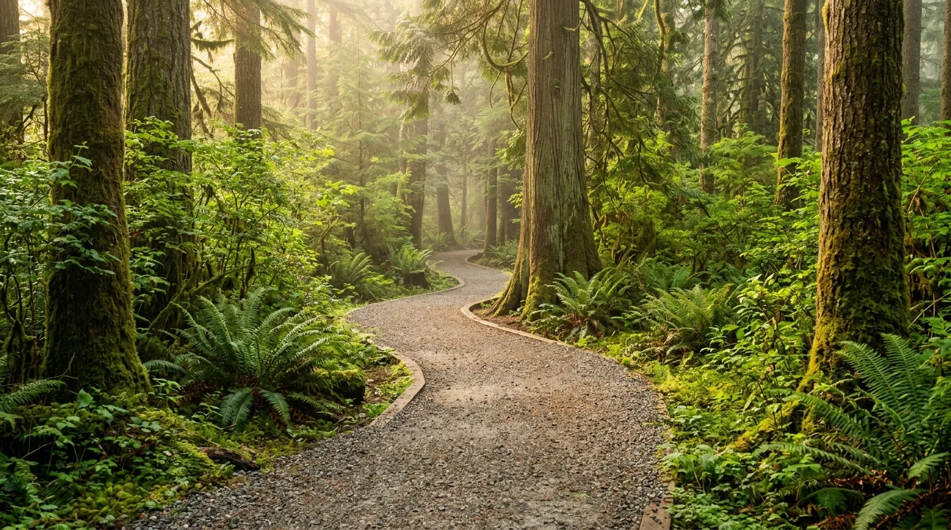 A peaceful coastal British Columbia forest walking path illuminated by warm morning sunbeams