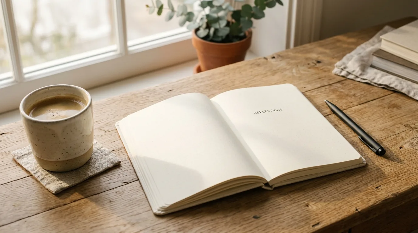 An open reflective journal and wooden pen on an oak desk beside a ceramic cup in soft natural light