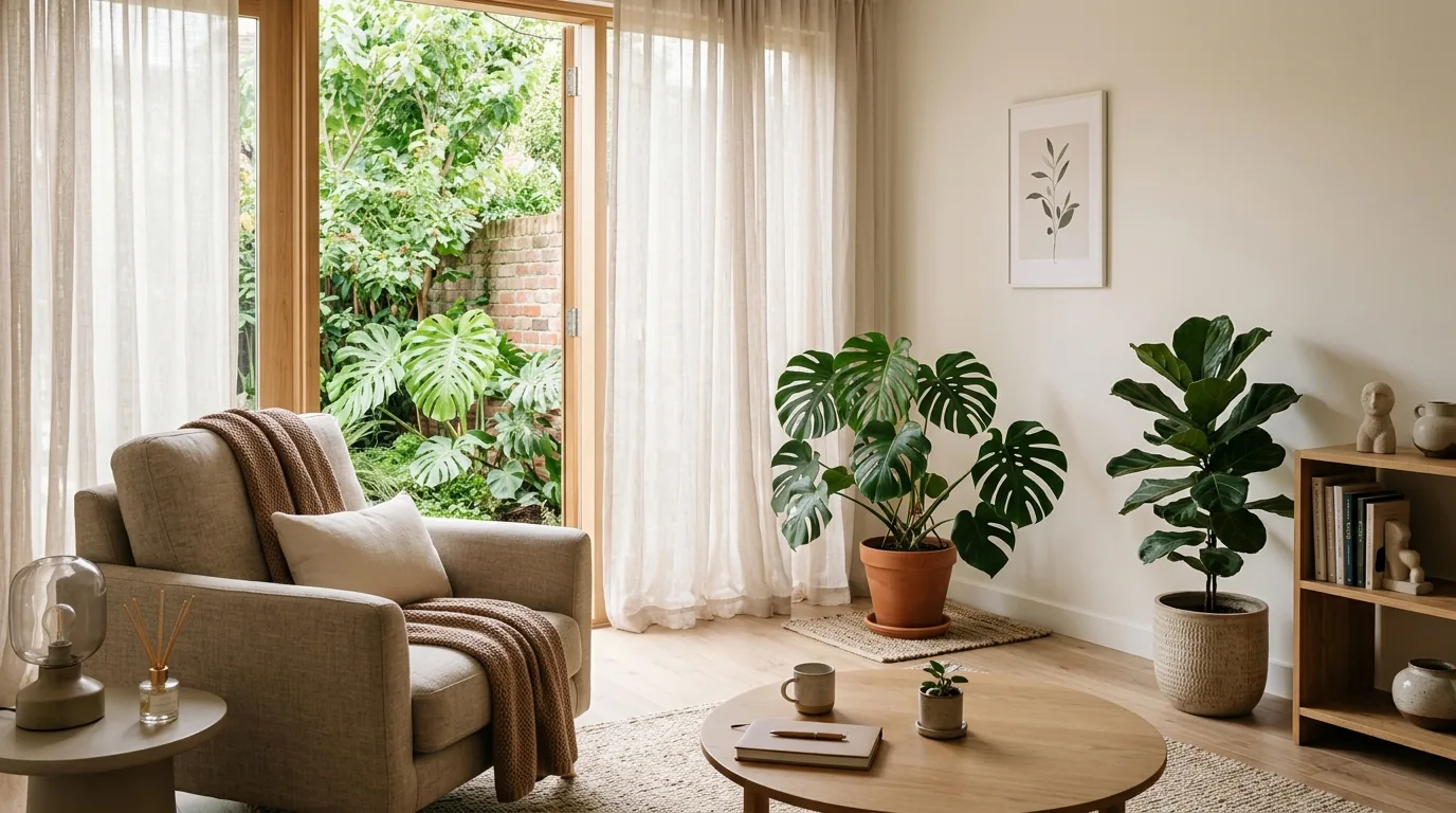 A calm, warm counselling room sanctuary with soft natural daylight, a comfortable armchair, and peaceful plants